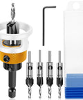 Six Piece Alloy Countersink Drill Bit Set With Depth Stop, Spiral Edge Countersink Wood Drill Bits, hex key, and plastic case