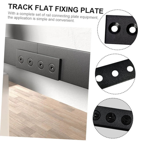 Barn Door Track Mending Plates Set For Easy Fixes Flat Plate Track Connector Brackets And Straight Repair Plates For Smooth Rail DIY Friendly Installation Heavy Duty Barn Door Hardware Replacement Parts, featuring black 4-hole carbon steel track repair plates shown attached to a rail.