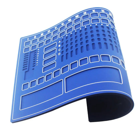 Heavy Grade Silicone Rubber Work Pad With Multiple Compartments For Lock Pinning Kits, blue, 10.7x14.5 inches, organized layout.