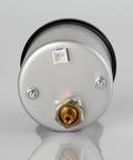 Nrkiscy oil pressure gauge back view, 2-1/16 in, silver housing, white 2-pin connector, brass 1/8-27 NPT sensor port