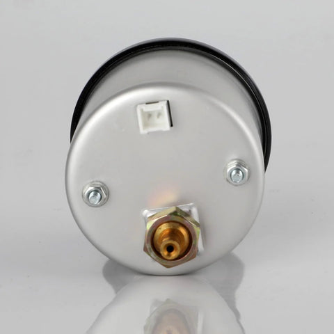 Nrkiscy oil pressure gauge back view, 2-1/16 in, silver housing, white 2-pin connector, brass 1/8-27 NPT sensor port