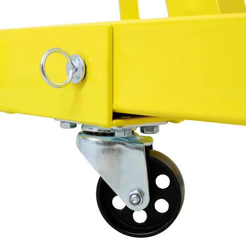 Heavy Duty Folding Engine Hoist With Hydraulic Lift And Beefy Steel Frame, caster wheel with chrome swivel mount.