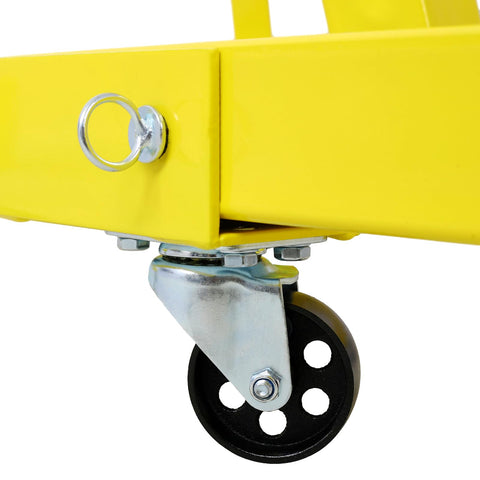 Close-up of the swivel roller on Built Damn Tough Heavy Duty Folding Engine Hoist 2 Ton 4000 Pound Capacity Hydraulic Shop Crane.