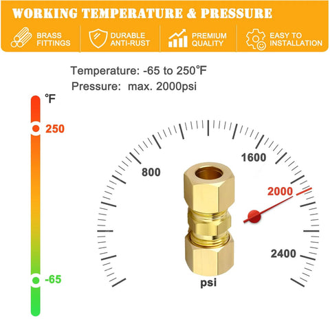 Brass compression fitting with hex nut; displayed on a gauge with temperature range and 2000 psi