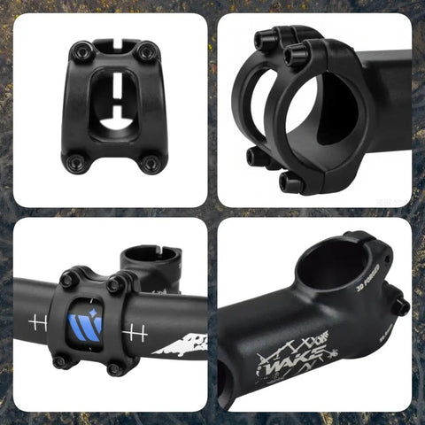 Versatile Bike Stem For MTB E Bike BMX And Road Bikes With 80mm Length 7 Degree And 35 Degree Options Fits 31.8 mm Handlebars And One And One Eighth Inch Fork Includes Complete Installation Kit For Quick Tool Free Setup, shown in a four-panel image highlighting its design and fit.