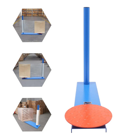 Heavy Duty Manual Stretch Film Dispenser With Pro Grade Wrap Bench built for wrapping pallets with a blue and orange design.
