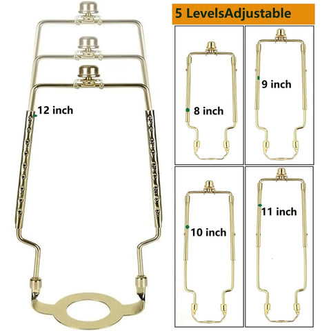 Easy Install Adjustable Lamp Harp Kit with 8 9 10 11 12 inch options, gold metal finish, showing height adjustment.
