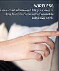 Hand pressing Smart Button Starter Kit LR That Triggers Alexa Routines And HomeKit Scenes With Push Double Push And Hold Actions