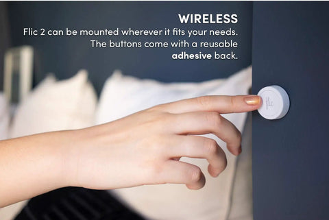 Hand pressing Smart Button Starter Kit LR That Triggers Alexa Routines And HomeKit Scenes With Push Double Push And Hold Actions