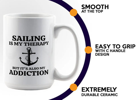 Is My Therapy Sailor Coffee Mug 15oz White For Boaters And Sailors, Funny Lake Gift, ceramic mug with anchor design on white background