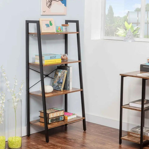 Industrial Style Four Tier Floor Bookshelf And Plant Stand With Dope Space Saving Trapezoid Design In Brown in living room