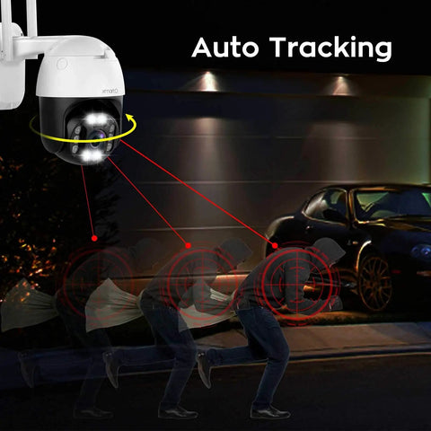 2K Auto Track PTZ Outdoor Security Camera with Color Night Vision tracking motion at night with auto flood lights