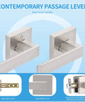 Six Pack Keyless Passage Lever Door Handle Set For Hallways And Closets Heavy Duty Reversible Right Or Left Handed Doors Satin Nickel Finish Easy Install For Home Or Office, showing two satin nickel levers.