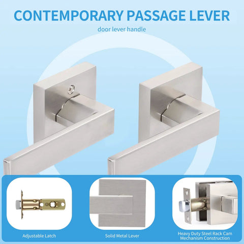 Six Pack Keyless Passage Lever Door Handle Set For Hallways And Closets Heavy Duty Reversible Right Or Left Handed Doors Satin Nickel Finish Easy Install For Home Or Office, showing two satin nickel levers.