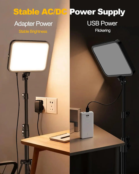 Two Pack LED Video Light Kit with dimmable 3000K to 6500K color temperature, 11 inch panels, on tripod with adapter and USB power options