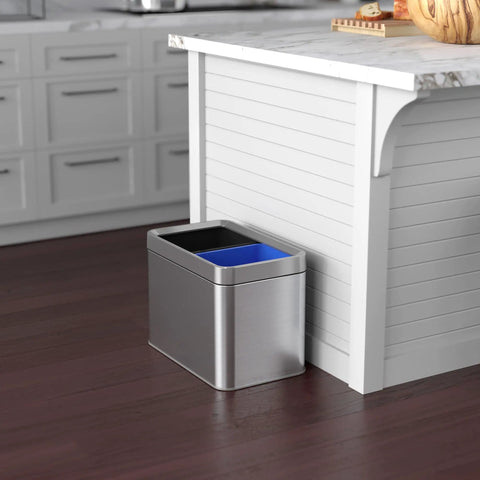 Slim Dual Compartment Trash Can And Recycle Bin With Open Top In Stainless Steel Narrow Wastebasket in kitchen placement