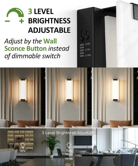Tipace Hardwired Modern Black LED Wall Sconce Indoor Wall Light Fixture demonstrating 3-level brightness adjustment.