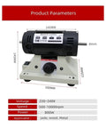 800W High Powered Bench Grinder with 0.3-4mm Flexible Shaft Handle showing specifications for jade, wood, and metal crafts.