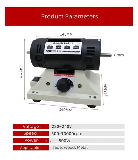 800W High Powered Bench Grinder with 0.3-4mm Flexible Shaft Handle showing specifications for jade, wood, and metal crafts.