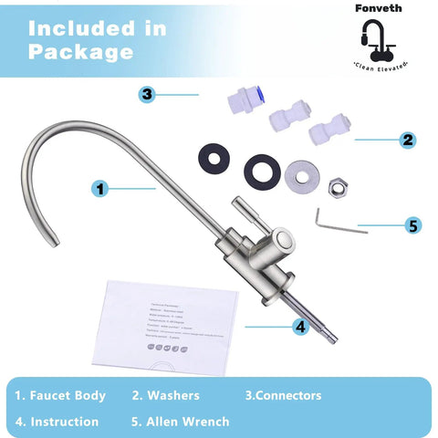Brushed Gold Drinking Water Faucet For Kitchen Sink Solid Brass Construction Reverse Osmosis Compatible Water Filter Faucet With Single Handle Non Air Gap Heavy Duty Kitchen Tap showing components