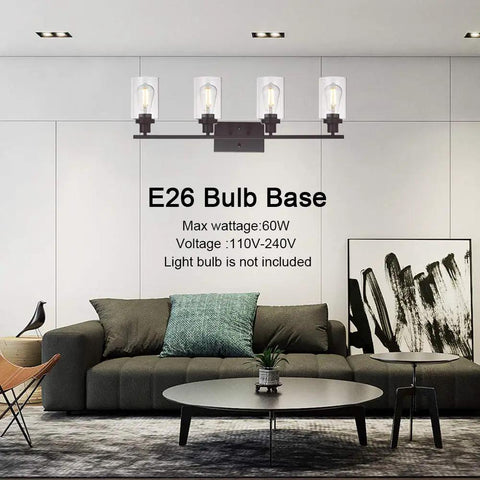 Set of 4 Oil Rubbed Bronze Wall Sconces With Clear Glass Cylinders above modern living room sofa