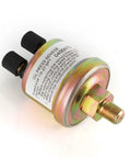Oil pressure sensor with 1/8-27 NPT thread, metallic gold/brass body, and two black connector caps