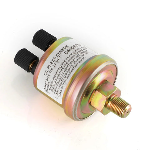 Oil pressure sensor with 1/8-27 NPT thread, metallic gold/brass body, and two black connector caps