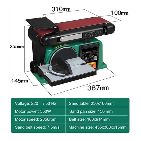 Heavy Duty 550W Electric Belt Sander And Polishing Machine With Adjustable Angle Table detailed dimensions and specifications