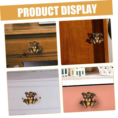 4 Pack Retro Frog Shape Pull Handles for Cabinets and Drawers installed on various wooden surfaces and colors