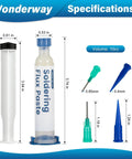 Pro Grade No Clean Solder Flux For Zero Residue Plus Desoldering Wick Kit 10cc syringe with tips shown in specifications image