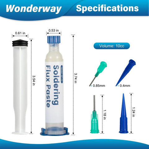 Pro Grade No Clean Solder Flux For Zero Residue Plus Desoldering Wick Kit 10cc syringe with tips shown in specifications image