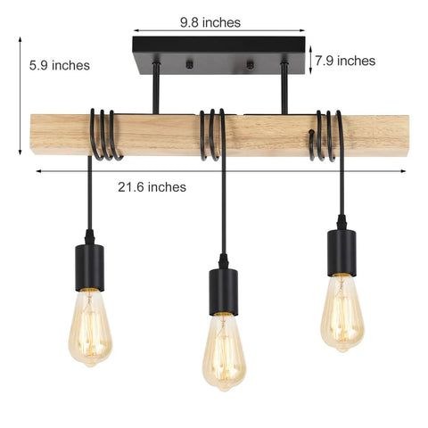 Cozy Rustic Wood 3 Light Ceiling Light Fixture Semi Flush Mount Industrial Farmhouse Lamp, dimensions labeled