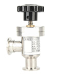 Front view of KF25 stainless steel right-angle vacuum isolation valve with handwheel