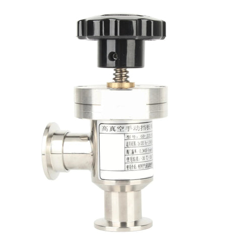 Front view of KF25 stainless steel right-angle vacuum isolation valve with handwheel