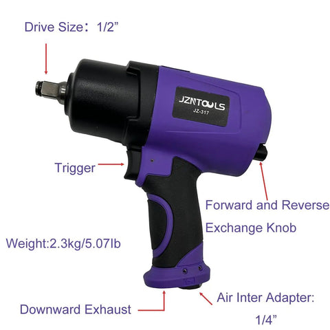 Half Inch 1250 Ft Lbs High Torque Pneumatic Impact Wrench with purple casing, labeled parts, and twin hammer design