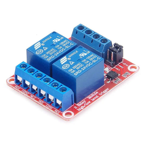 Two Channel 24V Relay Module With Isolated Optocouplers For High And Low Level Trigger Plug And Play DIY Automation Board 2 Pack Durable Relay Card For Arduino Raspberry Pi And Home Wiring, red PCB