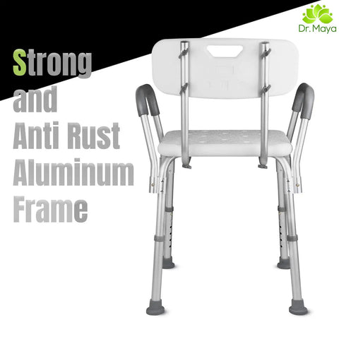 Back of adjustable shower chair with back and arms free suction grab bar anti slip bathtub seat for inside shower ultimate bath safety and comfort for elderly and disabled showing strong aluminum frame