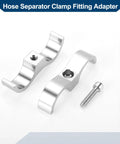 Solid Universal Hose Separator Clamp And AN12 Dual Line Fitting Adapter Built From Tough Aluminum Alloy Dope Tubing Hardware For Custom Car Rigs And Street Builds Complete 4 Piece Silver Set, featuring two silver aluminum hose clamps.