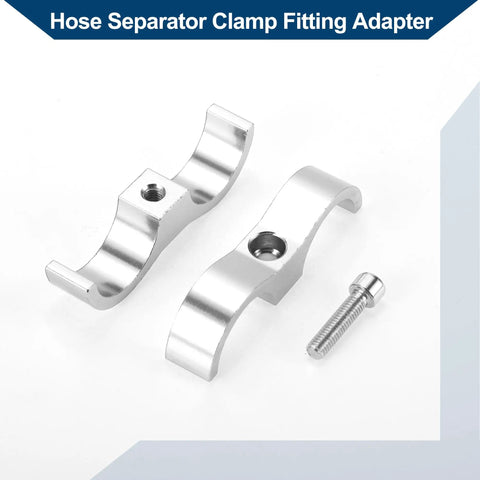 Solid Universal Hose Separator Clamp And AN12 Dual Line Fitting Adapter Built From Tough Aluminum Alloy Dope Tubing Hardware For Custom Car Rigs And Street Builds Complete 4 Piece Silver Set, featuring two silver aluminum hose clamps.