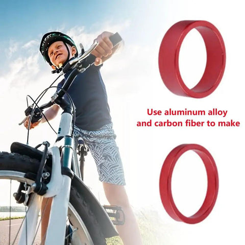 Boy on bike with red aluminum bike headset spacers and carbon fiber, Ten Pack Bike Headset Spacers For One And One Eighth Inch Steerer Aluminum