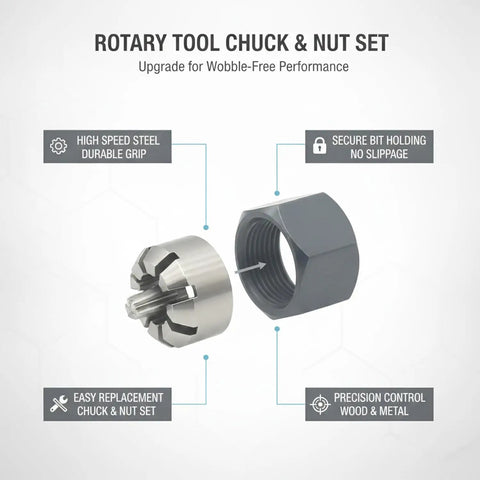 Rotary Tool Chuck And Nut Set With High Speed Steel For No Slip, Rock Solid Grip On Bits In Woodworking And Metal Grinding, Stable Bit Retention For Precise Carving, Grinding, And Drilling Tasks.