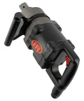 Badass 1 1/2 Inch Air Impact Wrench Blasts Through Frozen Lug Nuts With 7300 Nm Breakaway Torque Titanium Hammercase And Thru Hole Auxiliary Handle top view showing side handle and button.