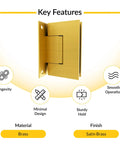Heavy Duty Wall Mount Back Plate Shower Door Hinge In Satin Brass Finish For Frameless Glass Doors, 90 Degree Swing, brass material