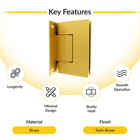 Heavy Duty Wall Mount Back Plate Shower Door Hinge In Satin Brass Finish For Frameless Glass Doors, 90 Degree Swing, brass material
