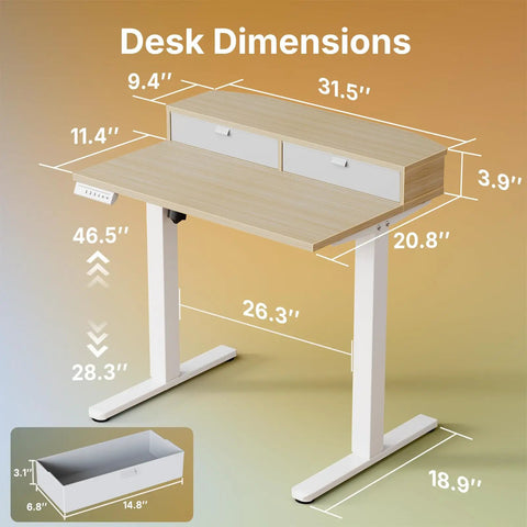 Compact Electric Standing Desk With Two Drawers 32x21 Inch Workstation C Clamp Mount Compatible Height Adjustable with dimensions