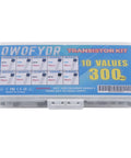 10 Value Transistor Kit With 300 Pieces Includes 2N2222 2N2907 2N3904 2N3906 BC327 BC337 A1015 C1815 S8050 S8550 displayed in box