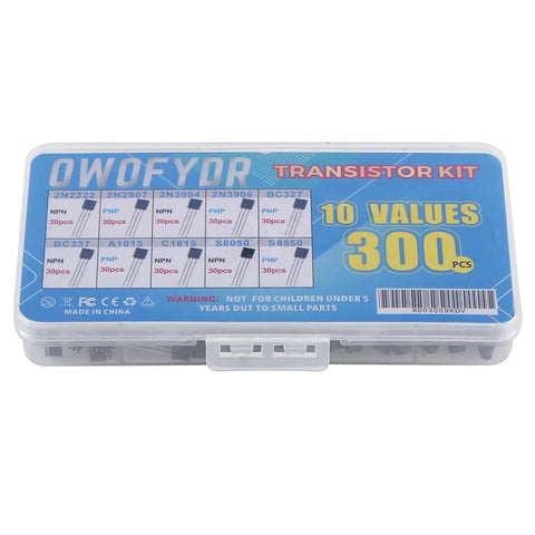 10 Value Transistor Kit With 300 Pieces Includes 2N2222 2N2907 2N3904 2N3906 BC327 BC337 A1015 C1815 S8050 S8550 displayed in box
