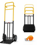 Heavy Duty Folding Hand Truck Wheeled Dolly Cart With Rugged Alloy Steel Frame Eight Hundred Lb Capacity, front and side view with strap.
