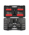 75 Piece Inch And Metric Tap And Die Set For Pros And DIYers Includes 7 Drive Tools 17 Inch Plug Taps And 17 Hex Dies In SAE And Metric Durable Carry Case Hardened Carbon Steel For Precise Threads open case view