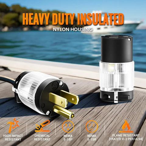 Lighted Plug And Connector Set For 15 Amp 125 Volt Power NEMA 5 15P And 5 15C Straight Blade Male To Female Replacement Cord Outlet Connector With Heavy Duty Construction And See Through Wiring Block